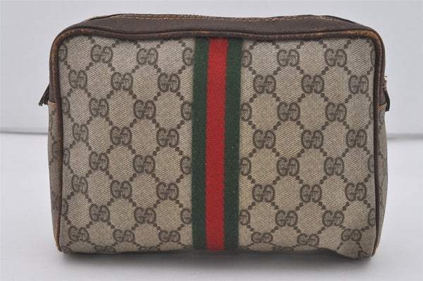 Authentic GUCCI Web Sherry Line Clutch Hand Bag Purse GG PVC Leather Brown 3781I