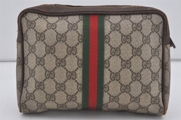 Authentic GUCCI Web Sherry Line Clutch Hand Bag Purse GG PVC Leather Brown 3781I