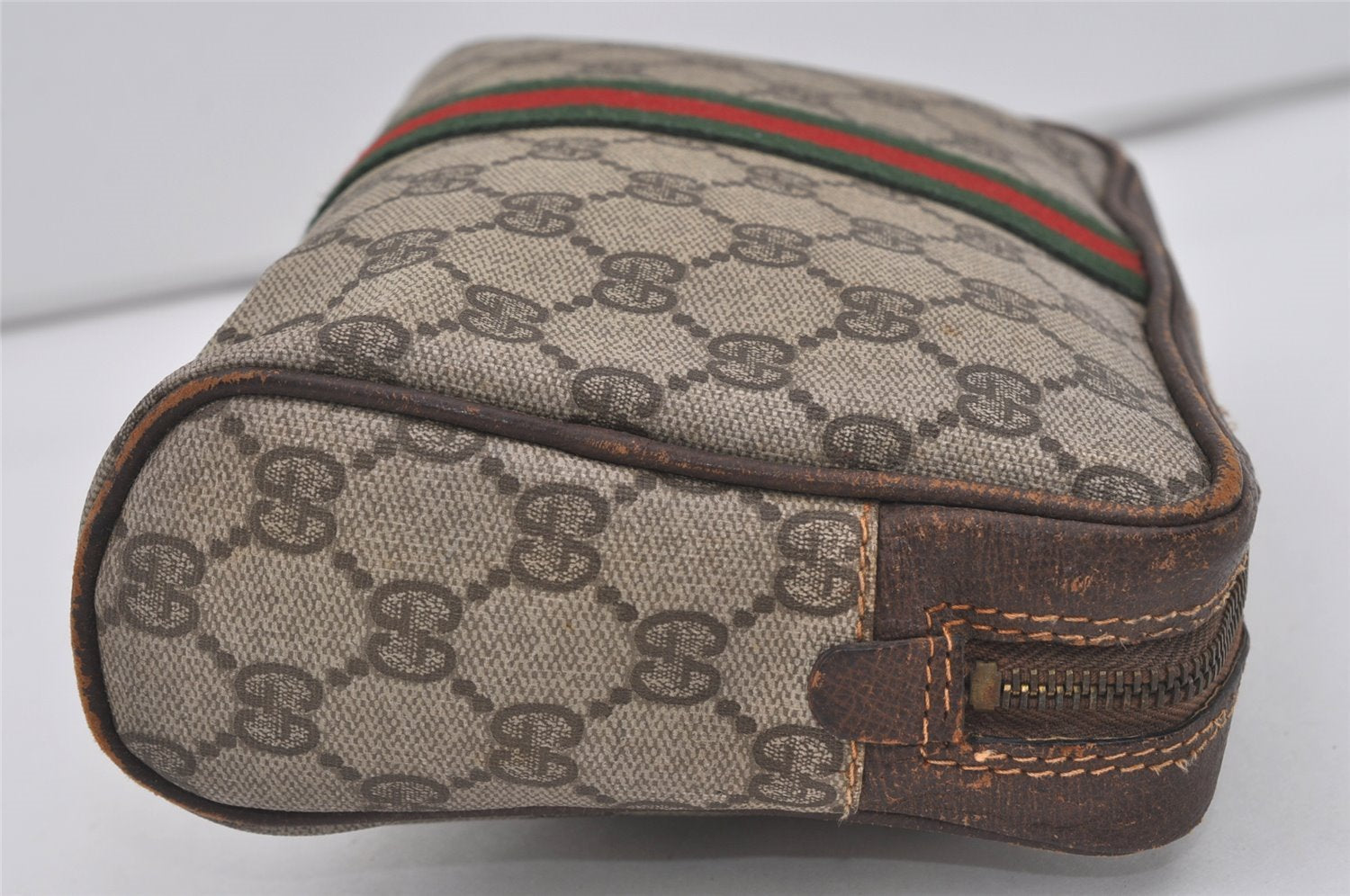 Authentic GUCCI Web Sherry Line Clutch Hand Bag Purse GG PVC Leather Brown 3781I