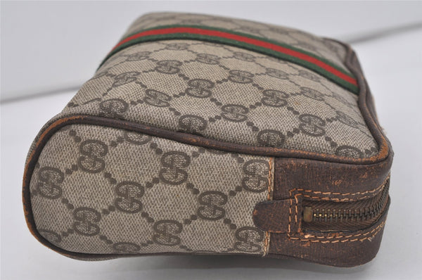 Authentic GUCCI Web Sherry Line Clutch Hand Bag Purse GG PVC Leather Brown 3781I