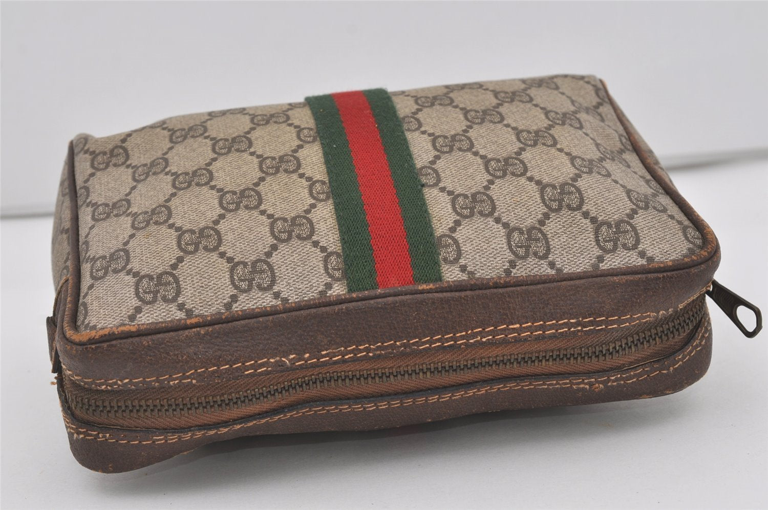 Authentic GUCCI Web Sherry Line Clutch Hand Bag Purse GG PVC Leather Brown 3781I