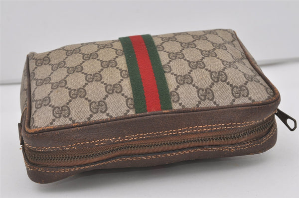 Authentic GUCCI Web Sherry Line Clutch Hand Bag Purse GG PVC Leather Brown 3781I