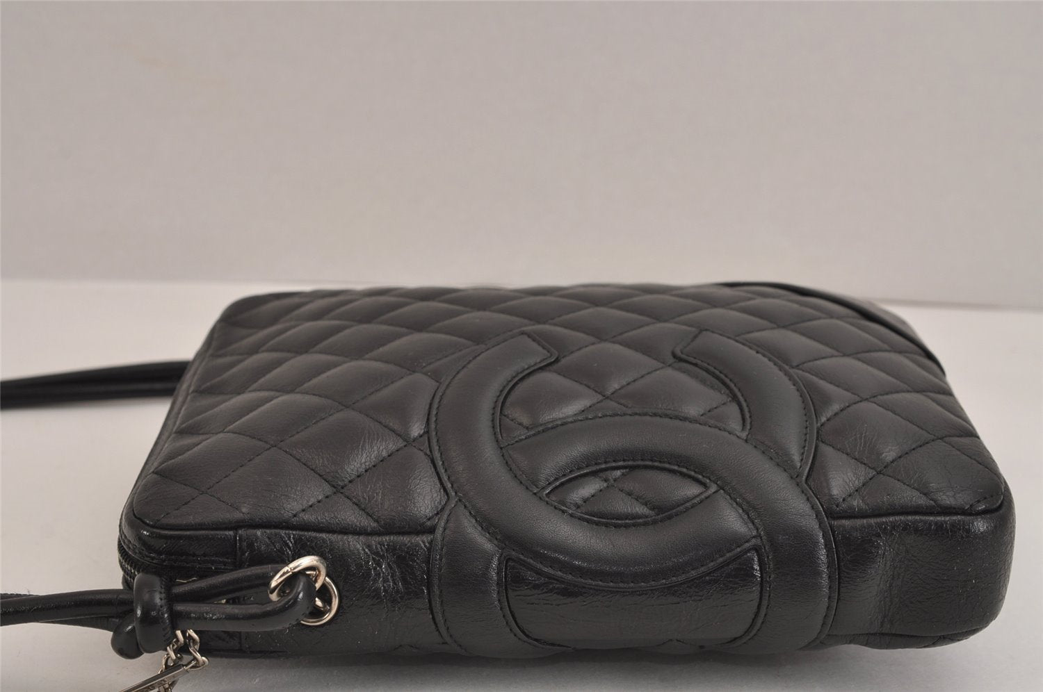 Authentic CHANEL Cambon Line Quilted CC Logo Calf Skin Shoulder Bag Black 3784J