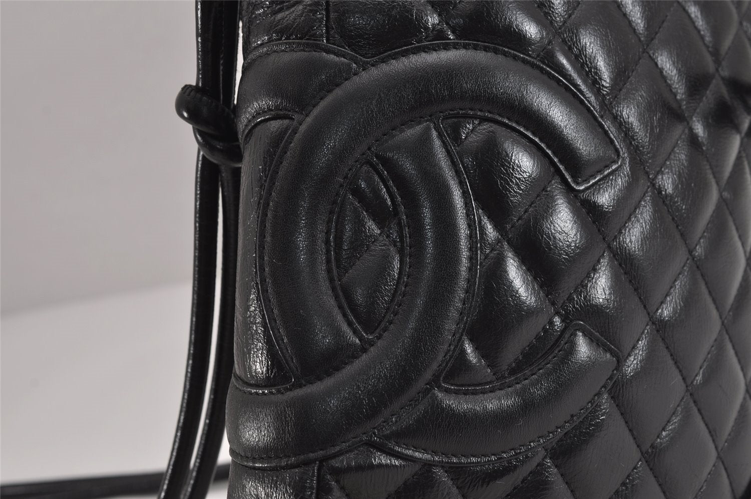 Authentic CHANEL Cambon Line Quilted CC Logo Calf Skin Shoulder Bag Black 3784J