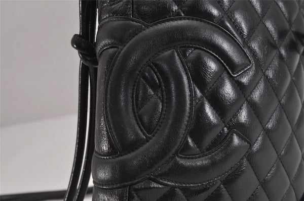 Authentic CHANEL Cambon Line Quilted CC Logo Calf Skin Shoulder Bag Black 3784J