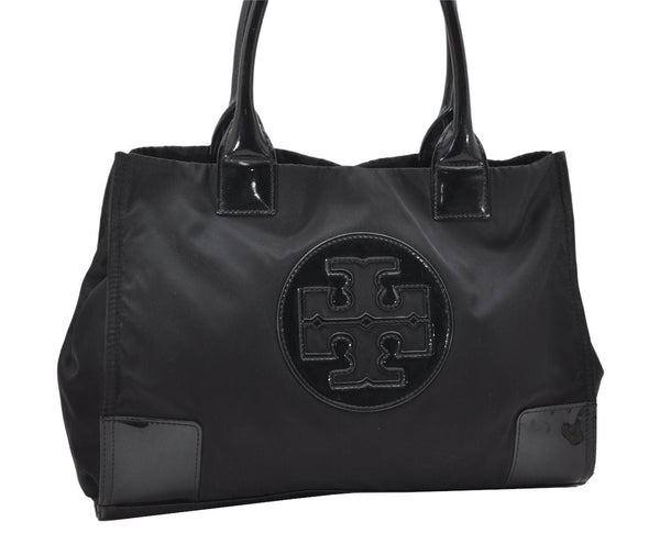 Authentic TORY BURCH Ella Nylon Enamel Shoulder Tote Bag Black 3786K