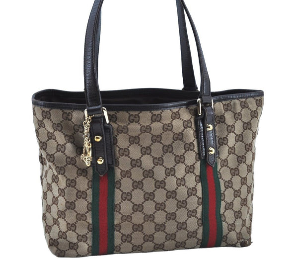 Authentic GUCCI Web Sherry Line Tote Bag GG Canvas Leather 137396 Brown 3787I