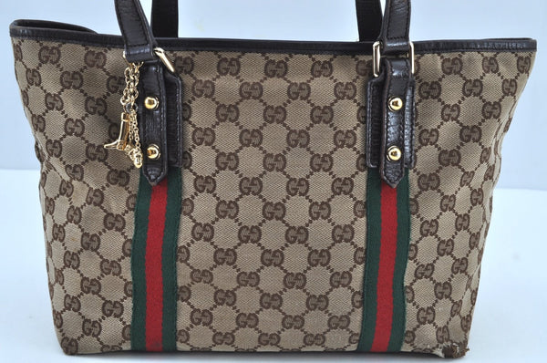 Authentic GUCCI Web Sherry Line Tote Bag GG Canvas Leather 137396 Brown 3787I