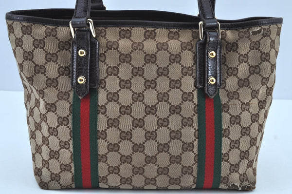Authentic GUCCI Web Sherry Line Tote Bag GG Canvas Leather 137396 Brown 3787I