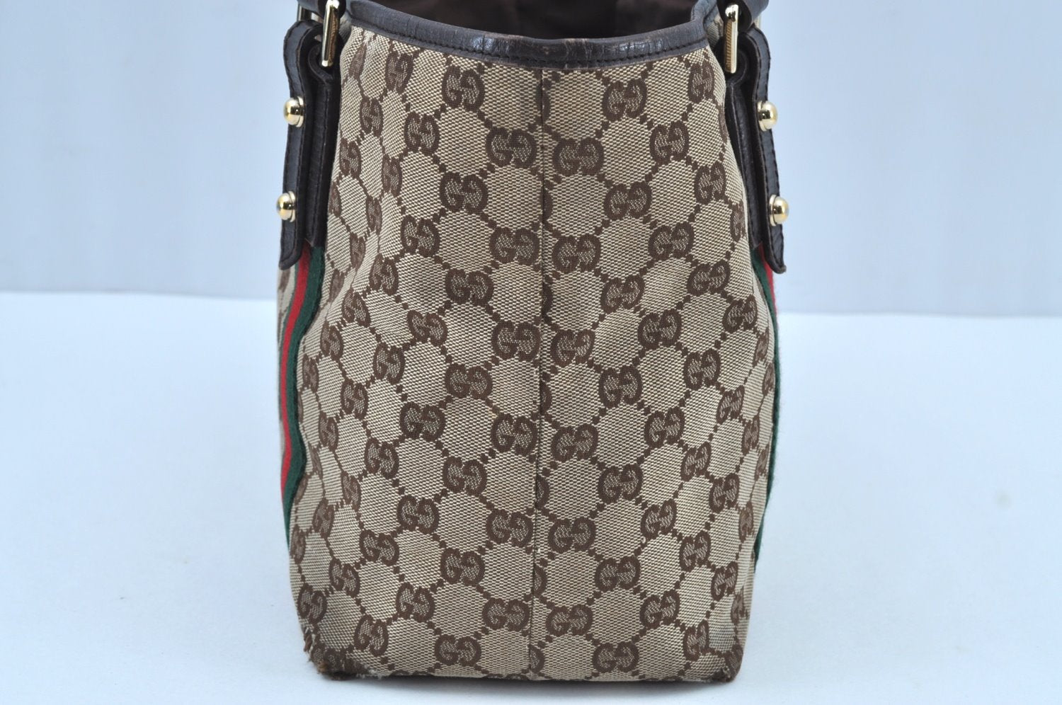 Authentic GUCCI Web Sherry Line Tote Bag GG Canvas Leather 137396 Brown 3787I