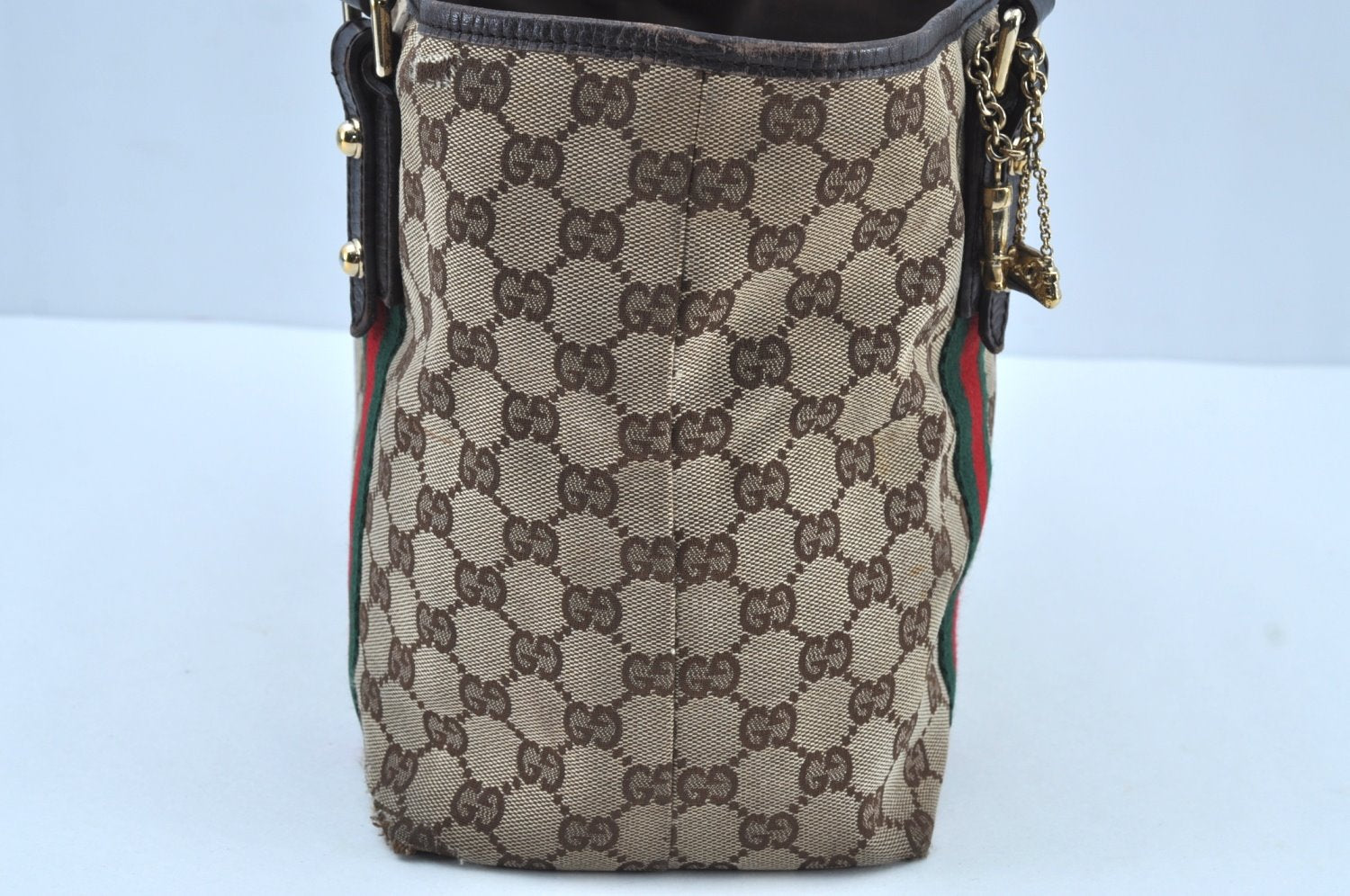 Authentic GUCCI Web Sherry Line Tote Bag GG Canvas Leather 137396 Brown 3787I