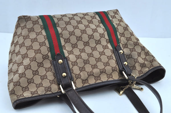 Authentic GUCCI Web Sherry Line Tote Bag GG Canvas Leather 137396 Brown 3787I