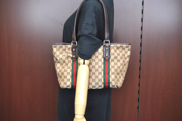 Authentic GUCCI Web Sherry Line Tote Bag GG Canvas Leather 137396 Brown 3787I