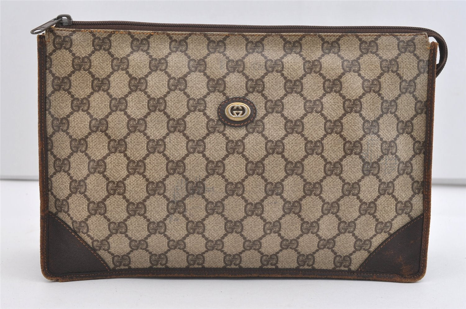 Authentic GUCCI Vintage Clutch Hand Bag Purse GG PVC Leather Brown 3788J