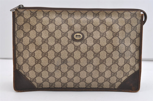 Authentic GUCCI Vintage Clutch Hand Bag Purse GG PVC Leather Brown 3788J