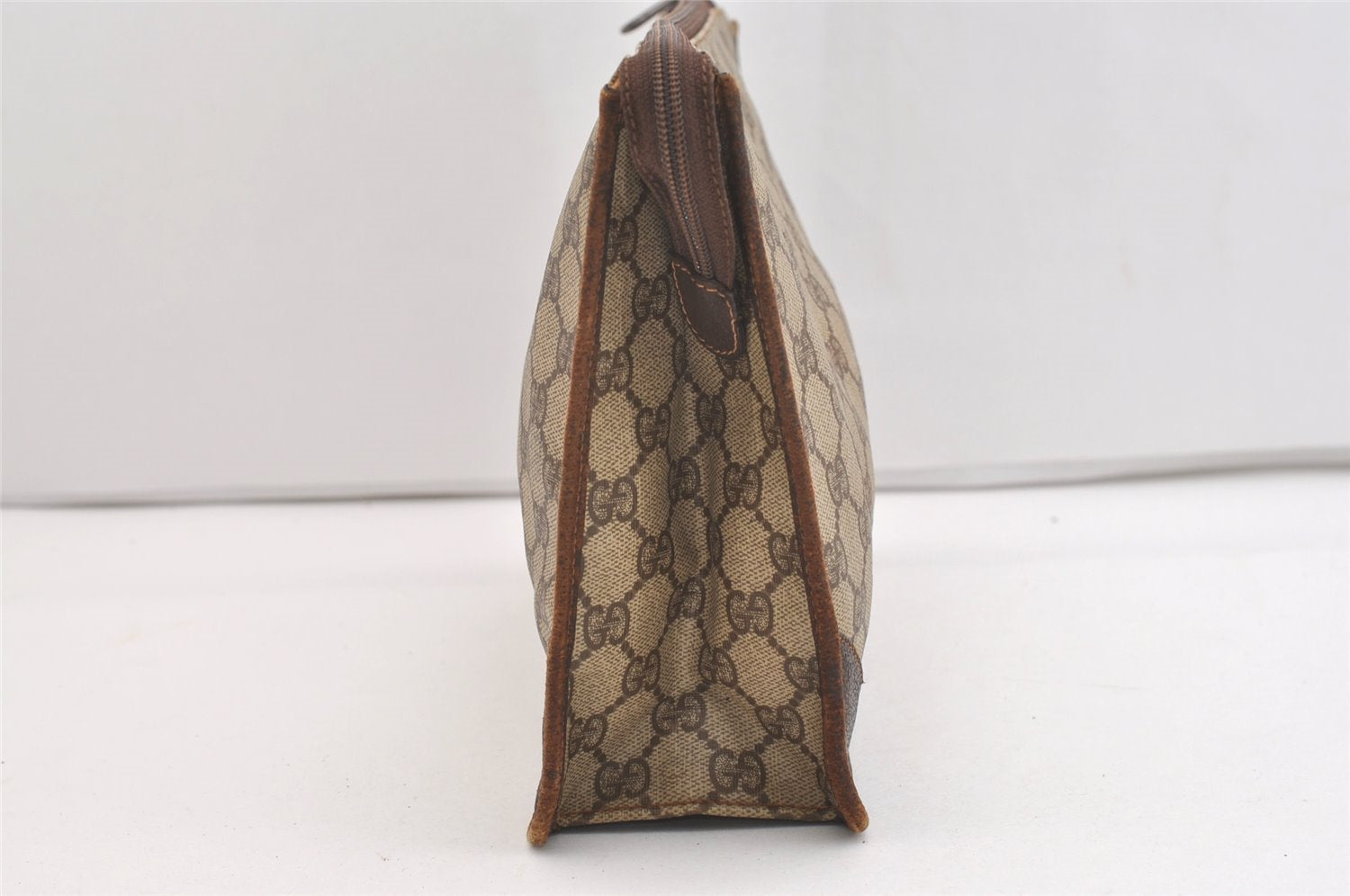 Authentic GUCCI Vintage Clutch Hand Bag Purse GG PVC Leather Brown 3788J