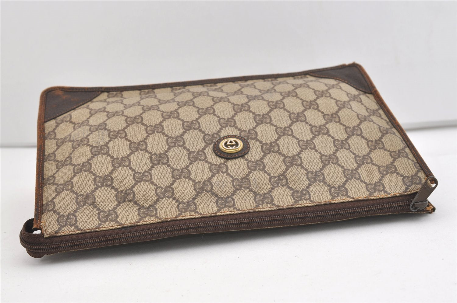 Authentic GUCCI Vintage Clutch Hand Bag Purse GG PVC Leather Brown 3788J