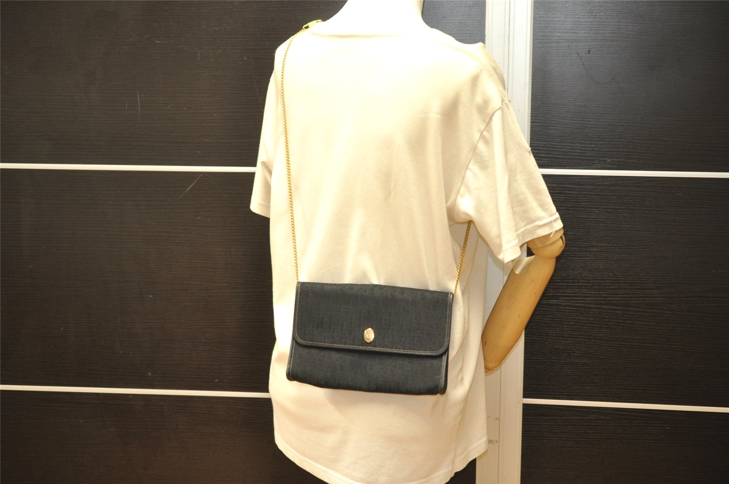Authentic Christian Dior Trotter Shoulder Bag Purse Canvas Leather Black 3788K