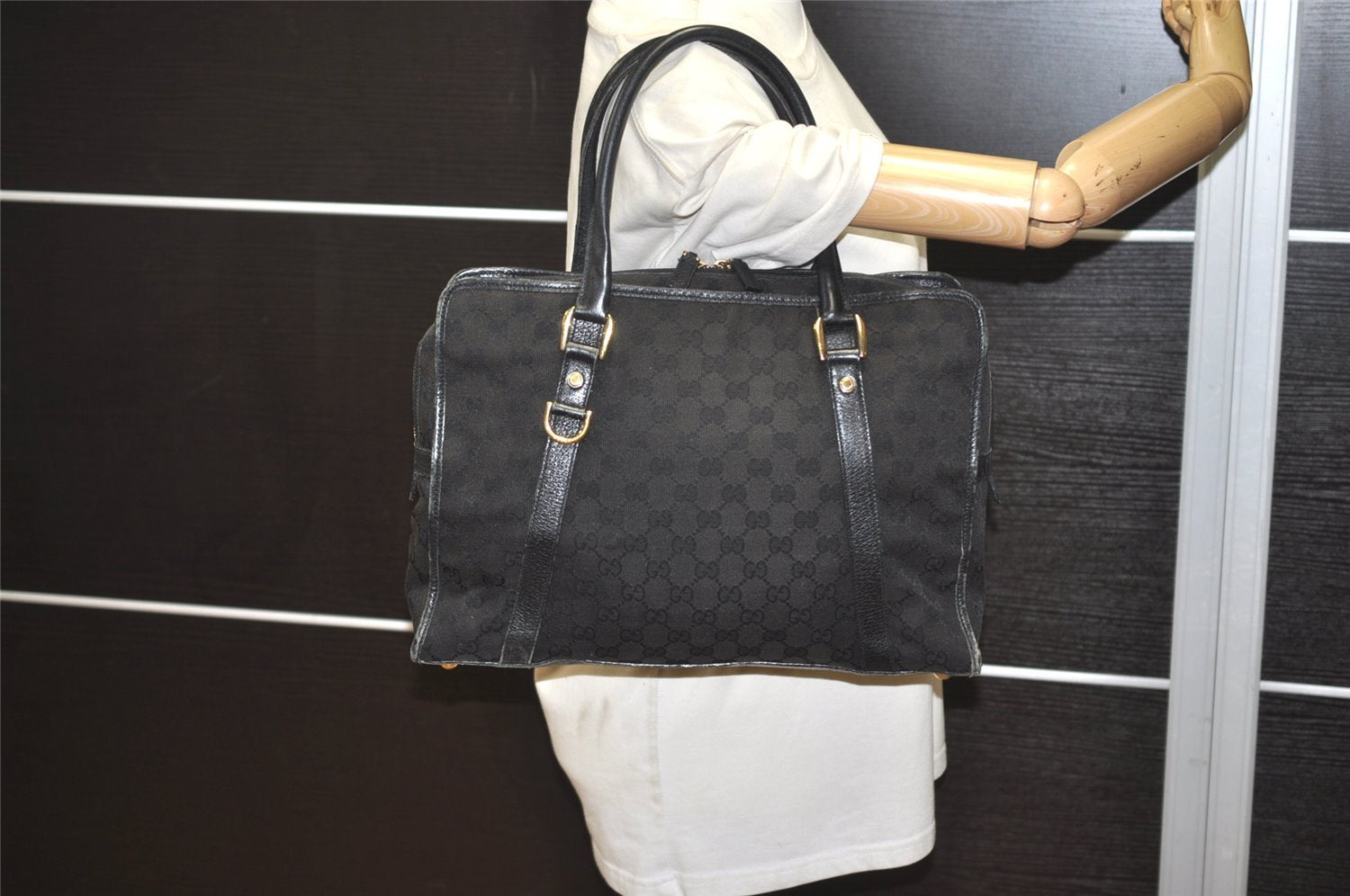 Authentic GUCCI Abbey Shoulder Hand Bag GG Canvas Leather 130940 Black 3790J