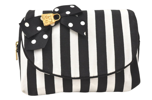 Auth Christian Dior Stripe Nylon Cosmetic Pouch Purse Nylon Black White 3790K