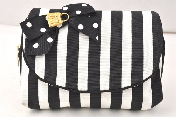 Auth Christian Dior Stripe Nylon Cosmetic Pouch Purse Nylon Black White 3790K