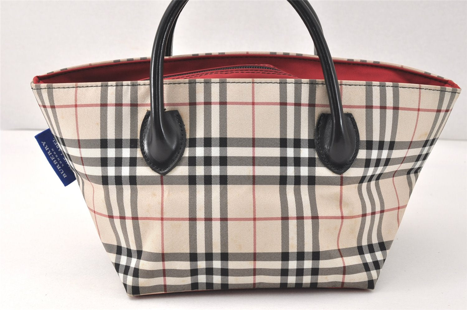 Authentic BURBERRY BLUE LABEL Check Hand Tote Bag Nylon Leather Beige 3795K