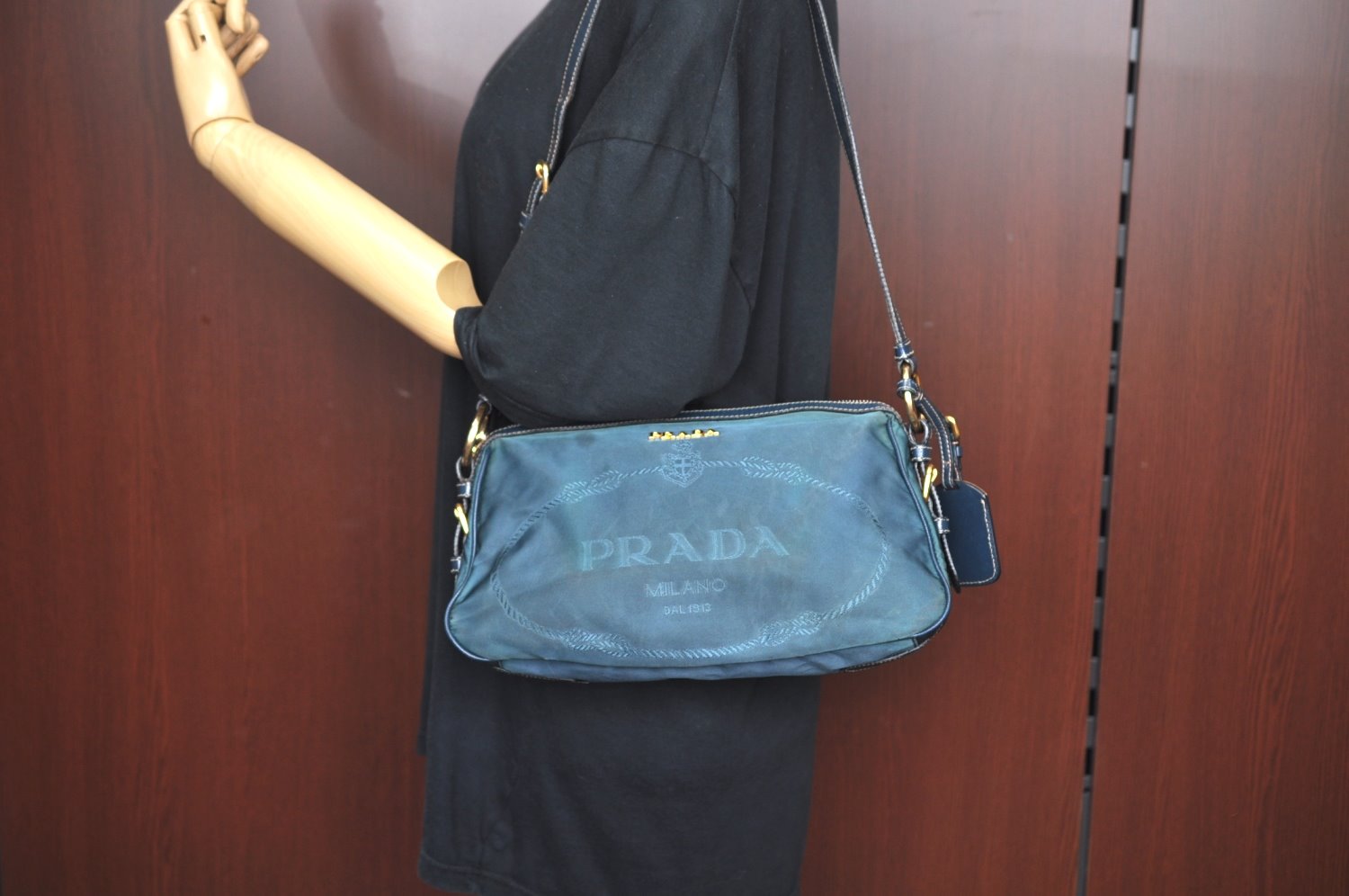 Authentic PRADA Nylon Tessuto Saffiano Leather Shoulder Hand Bag Blue 3796H