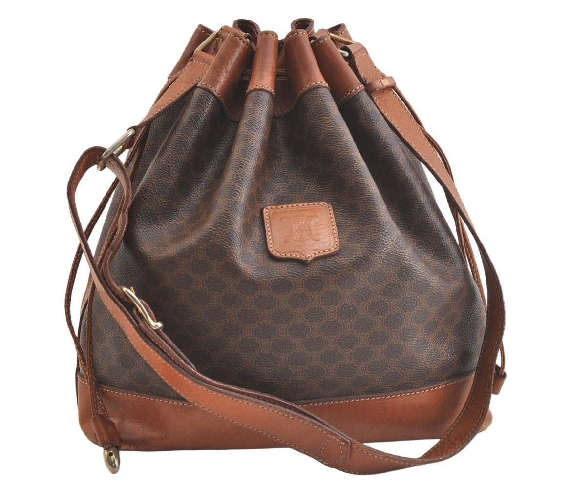 Authentic CELINE Macadam Blason Shoulder Drawstring Bag PVC Leather Brown 3803K