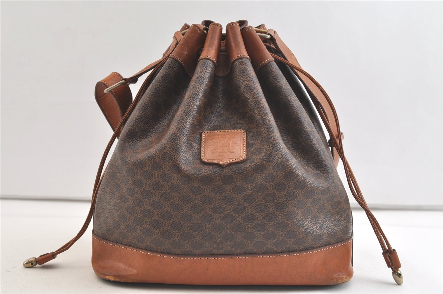 Authentic CELINE Macadam Blason Shoulder Drawstring Bag PVC Leather Brown 3803K