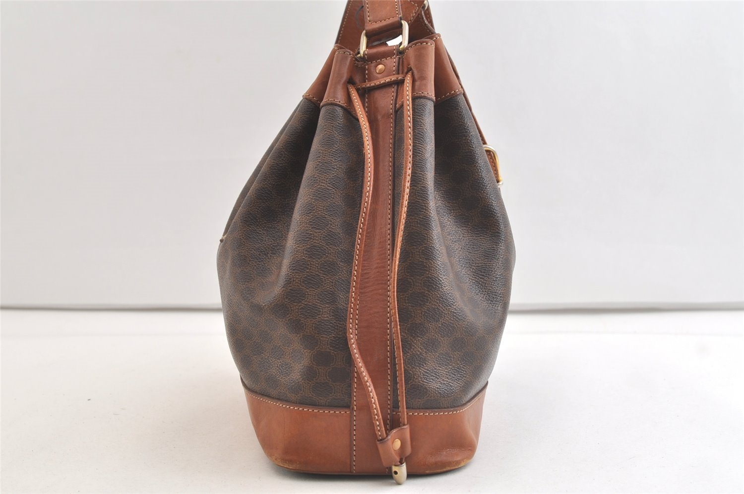 Authentic CELINE Macadam Blason Shoulder Drawstring Bag PVC Leather Brown 3803K