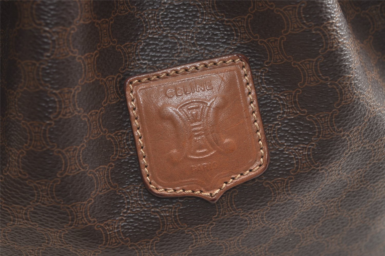 Authentic CELINE Macadam Blason Shoulder Drawstring Bag PVC Leather Brown 3803K