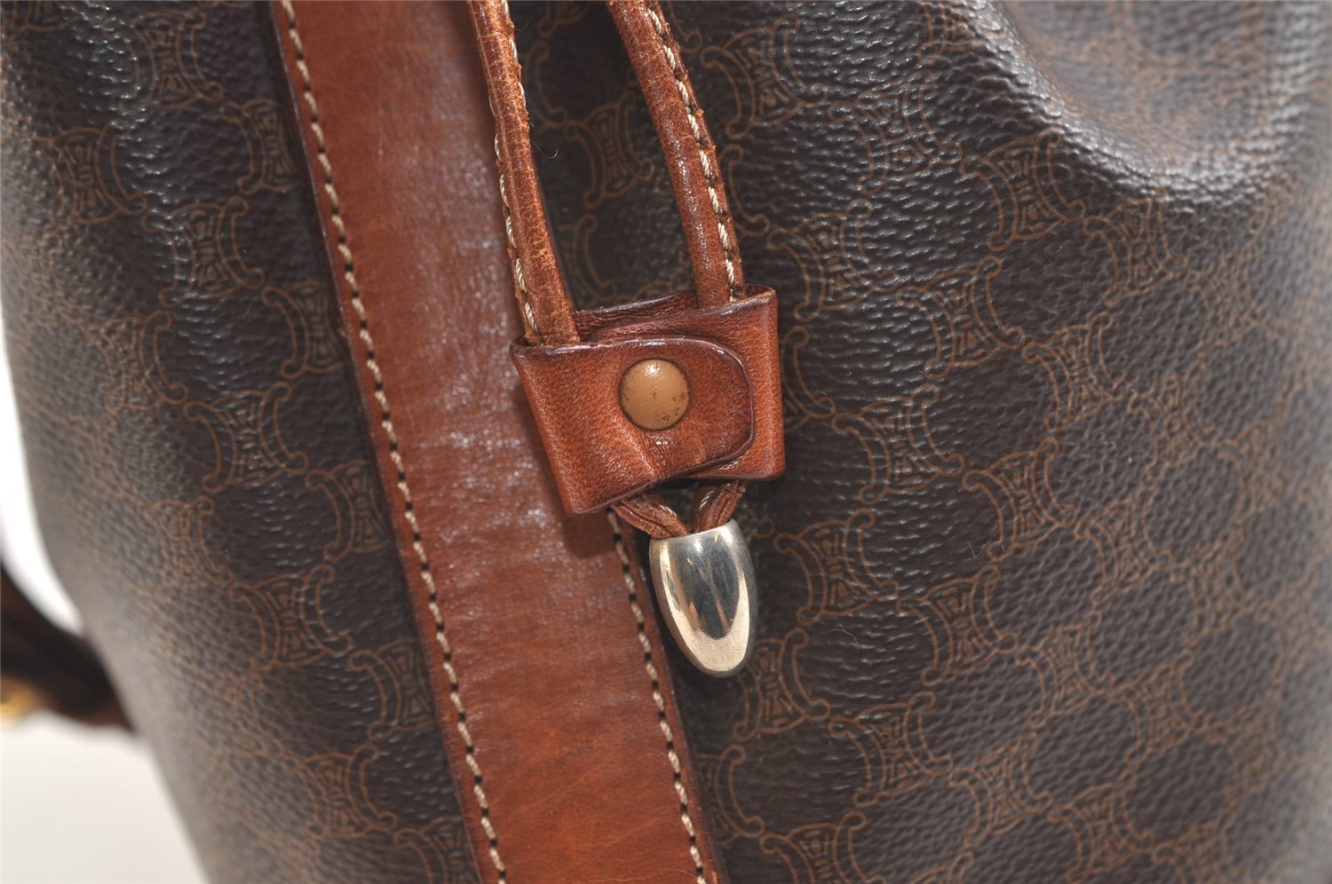 Authentic CELINE Macadam Blason Shoulder Drawstring Bag PVC Leather Brown 3803K