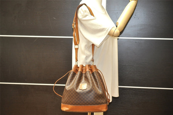 Authentic CELINE Macadam Blason Shoulder Drawstring Bag PVC Leather Brown 3803K