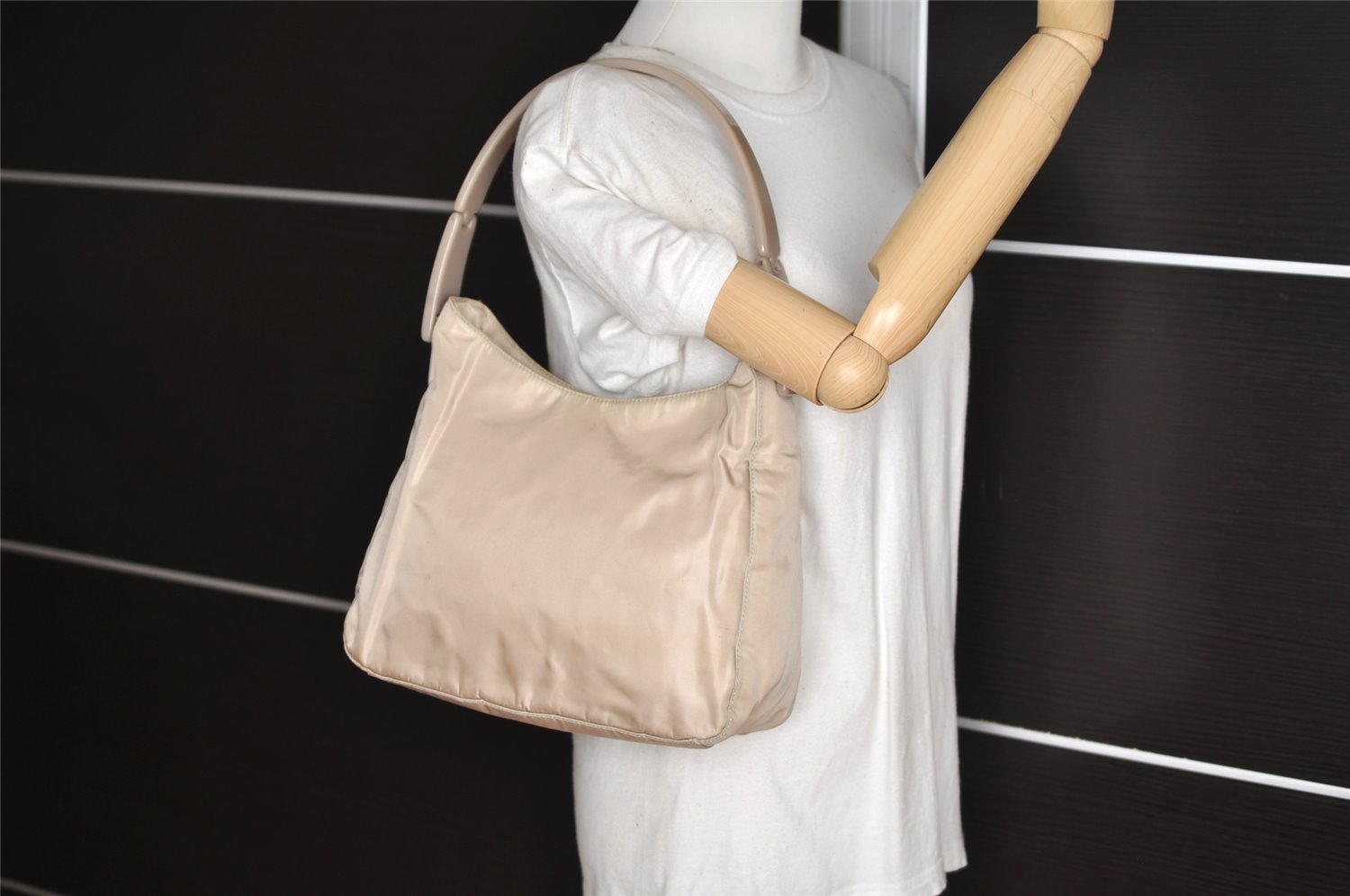 Authentic PRADA Nylon Tessuto Plastic Shoulder Hand Bag Purse Beige 3809J