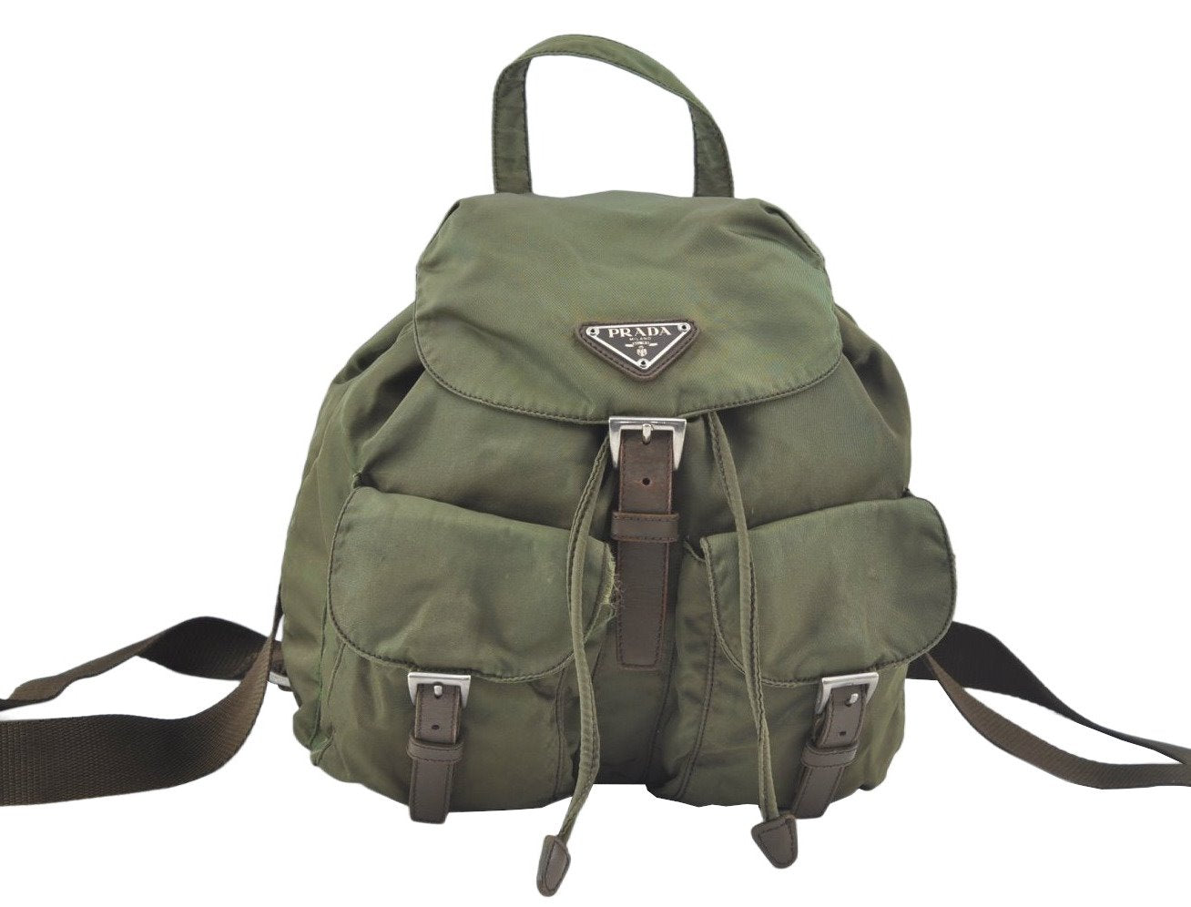 Authentic PRADA Vintage Nylon Tessuto Leather Drawstring Backpack Khaki 3810J