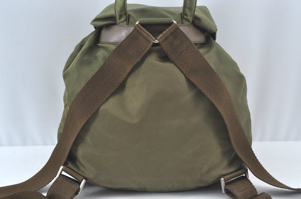 Authentic PRADA Vintage Nylon Tessuto Leather Drawstring Backpack Khaki 3810J