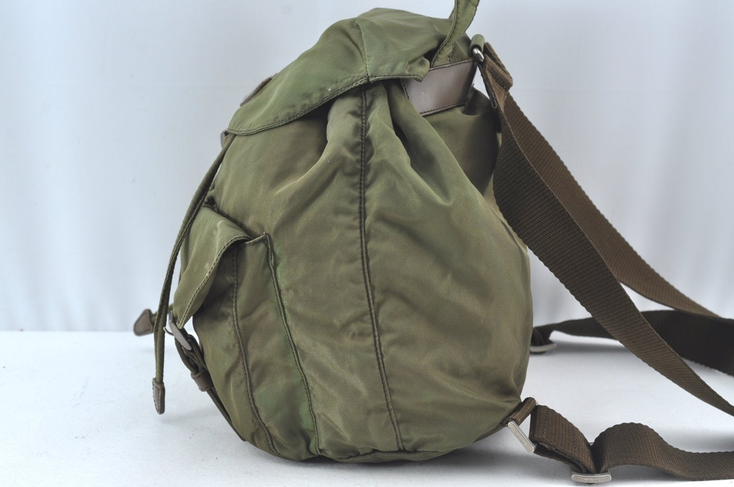 Authentic PRADA Vintage Nylon Tessuto Leather Drawstring Backpack Khaki 3810J