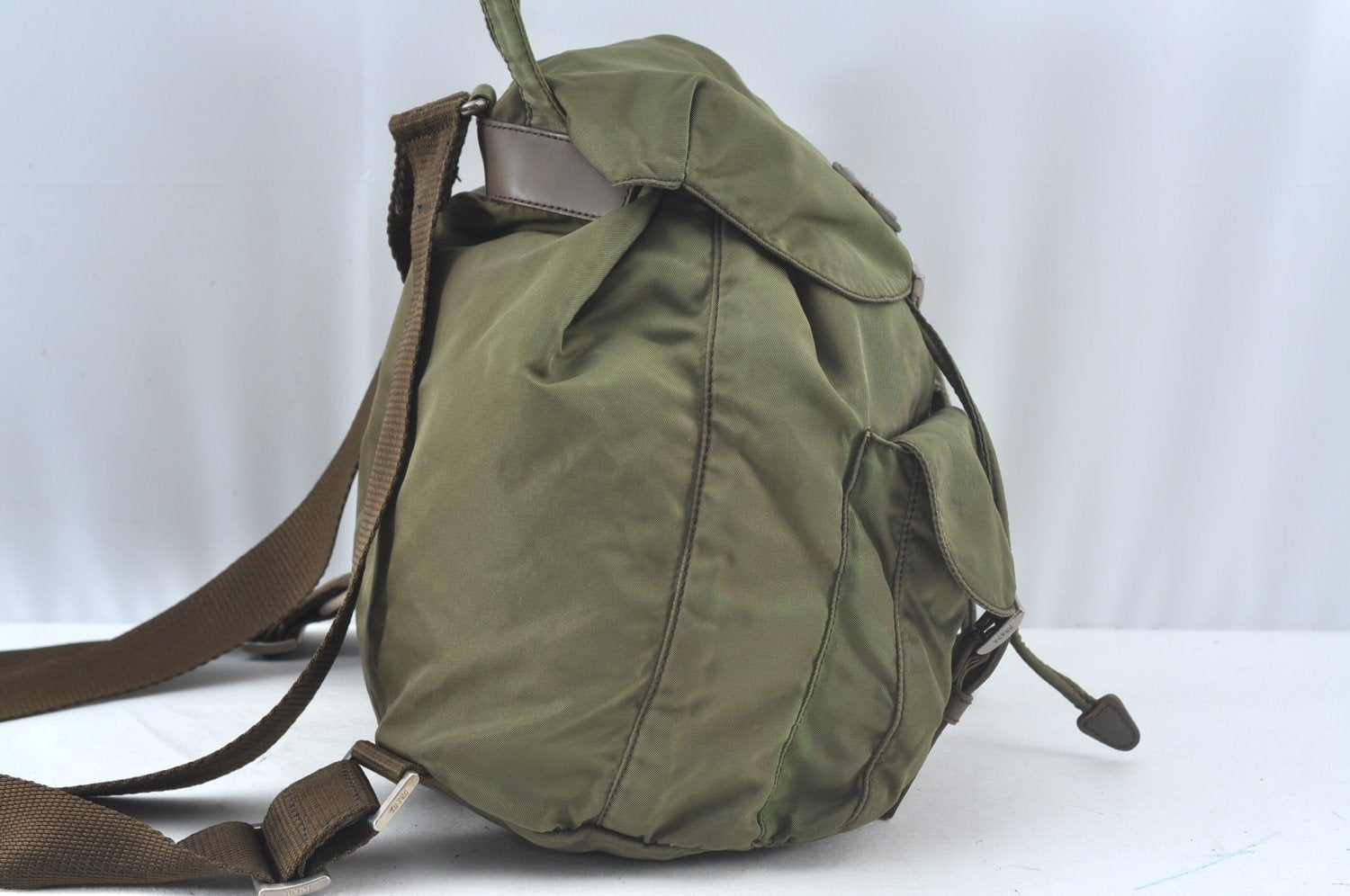 Authentic PRADA Vintage Nylon Tessuto Leather Drawstring Backpack Khaki 3810J