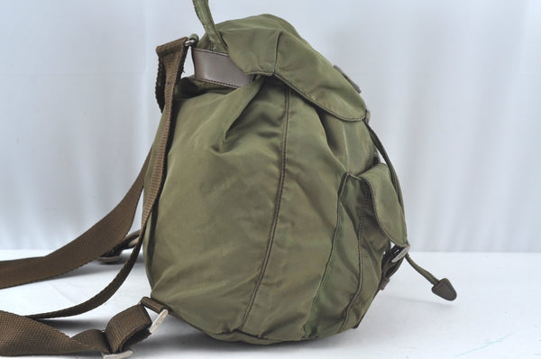 Authentic PRADA Vintage Nylon Tessuto Leather Drawstring Backpack Khaki 3810J