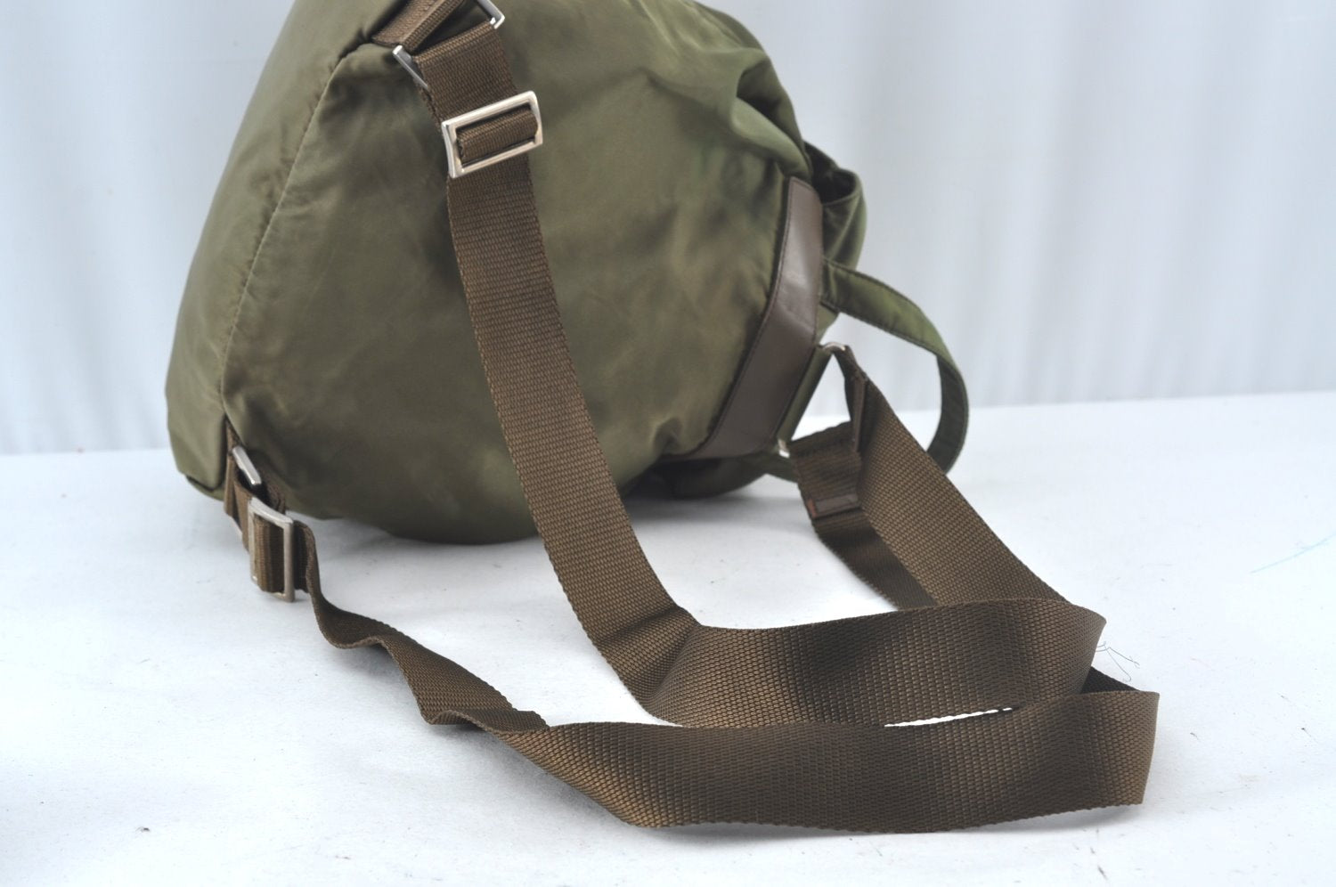 Authentic PRADA Vintage Nylon Tessuto Leather Drawstring Backpack Khaki 3810J