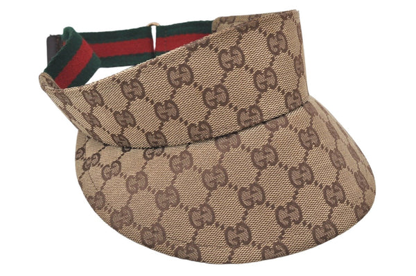 Authentic GUCCI Web Sherry Line Sun Visor GG Canvas Leather Size S Brown 3810K