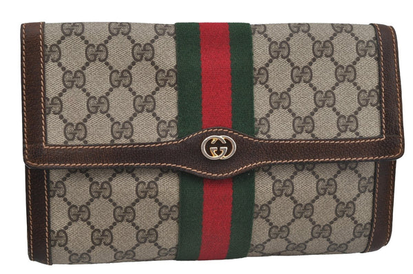 Authentic GUCCI Web Sherry Line Clutch Hand Bag Purse GG PVC Leather Brown 3811J