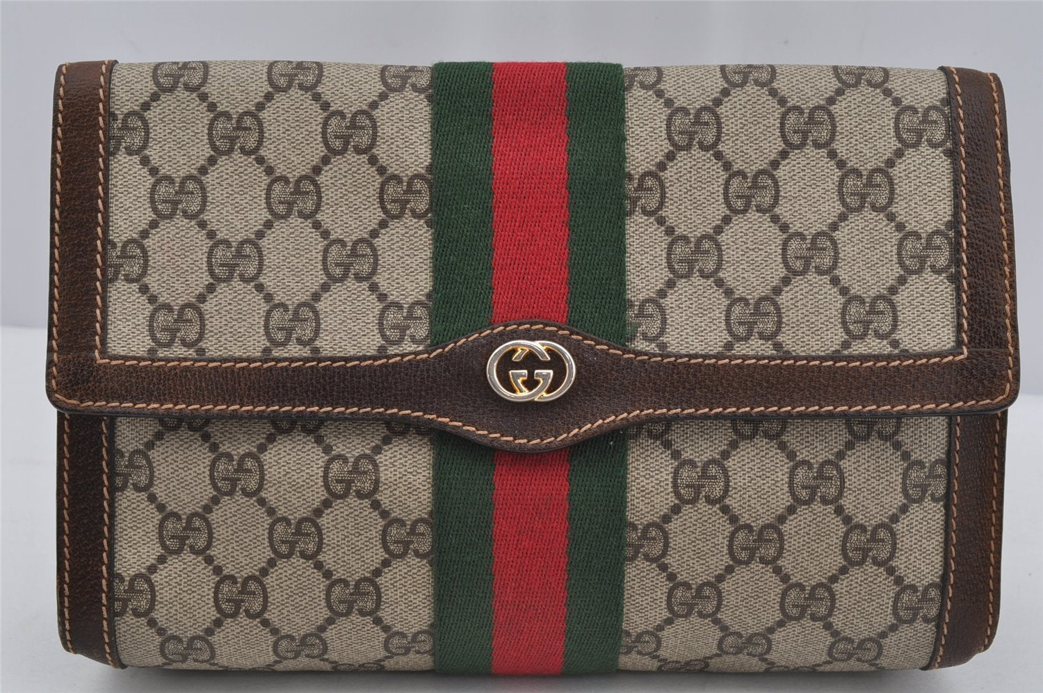 Authentic GUCCI Web Sherry Line Clutch Hand Bag Purse GG PVC Leather Brown 3811J