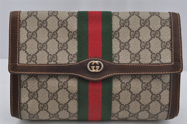 Authentic GUCCI Web Sherry Line Clutch Hand Bag Purse GG PVC Leather Brown 3811J