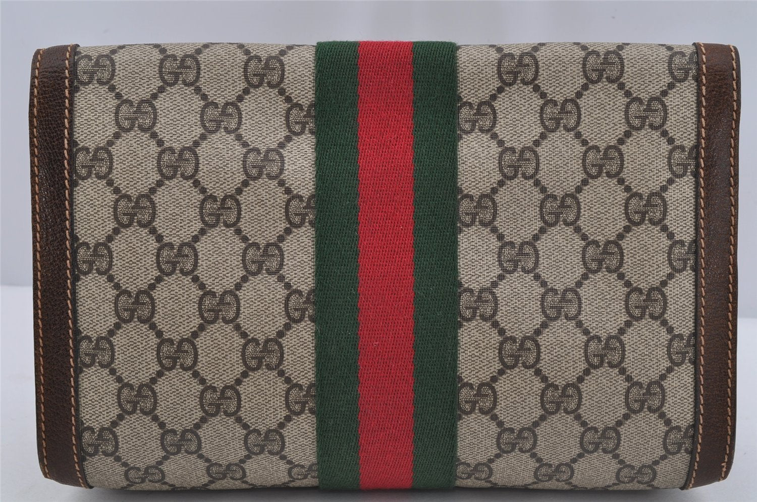 Authentic GUCCI Web Sherry Line Clutch Hand Bag Purse GG PVC Leather Brown 3811J