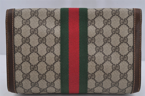 Authentic GUCCI Web Sherry Line Clutch Hand Bag Purse GG PVC Leather Brown 3811J