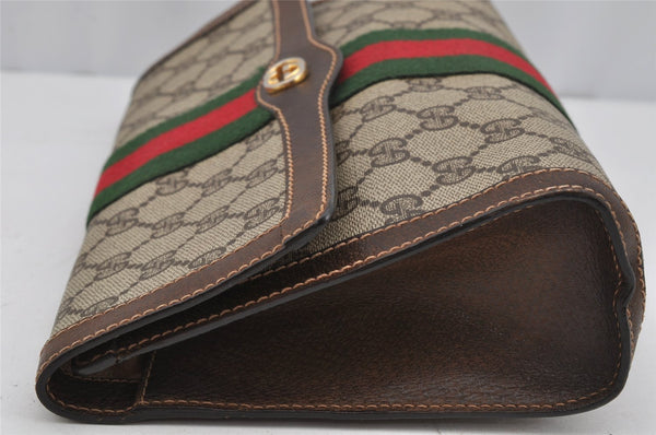 Authentic GUCCI Web Sherry Line Clutch Hand Bag Purse GG PVC Leather Brown 3811J
