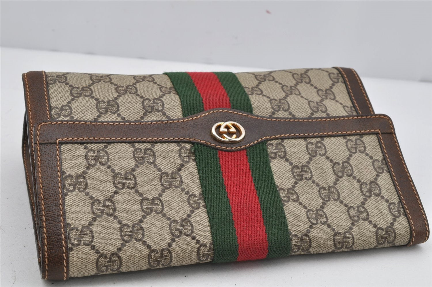 Authentic GUCCI Web Sherry Line Clutch Hand Bag Purse GG PVC Leather Brown 3811J