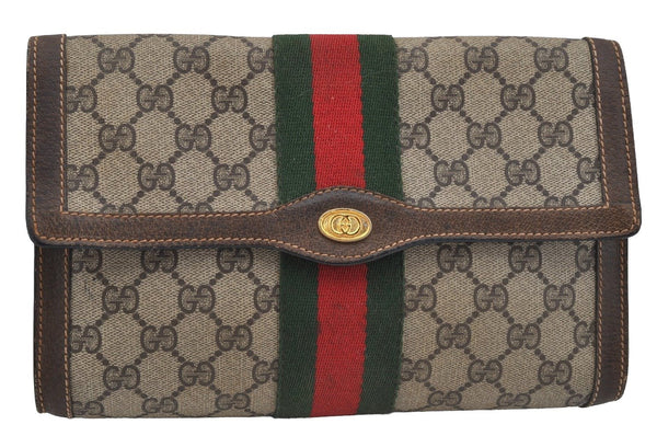 Authentic GUCCI Web Sherry Line Clutch Hand Bag GG PVC Leather Brown Junk 3813J