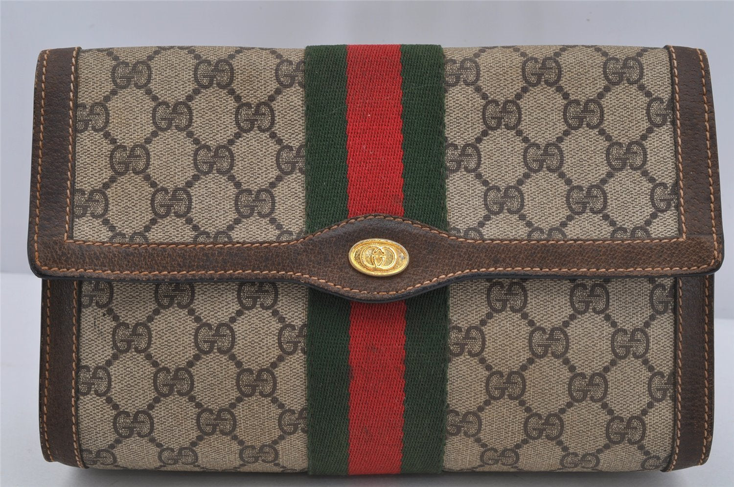 Authentic GUCCI Web Sherry Line Clutch Hand Bag GG PVC Leather Brown Junk 3813J